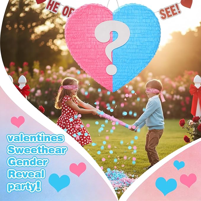 17 Inches Gender Reveal Piñata Pink Blue Large Valentine's Sweetheart Heart-shaped Piñata with Stick Blindfold Baby Shower Gender Reveal Valentine's Day Party Decor Romantic Events