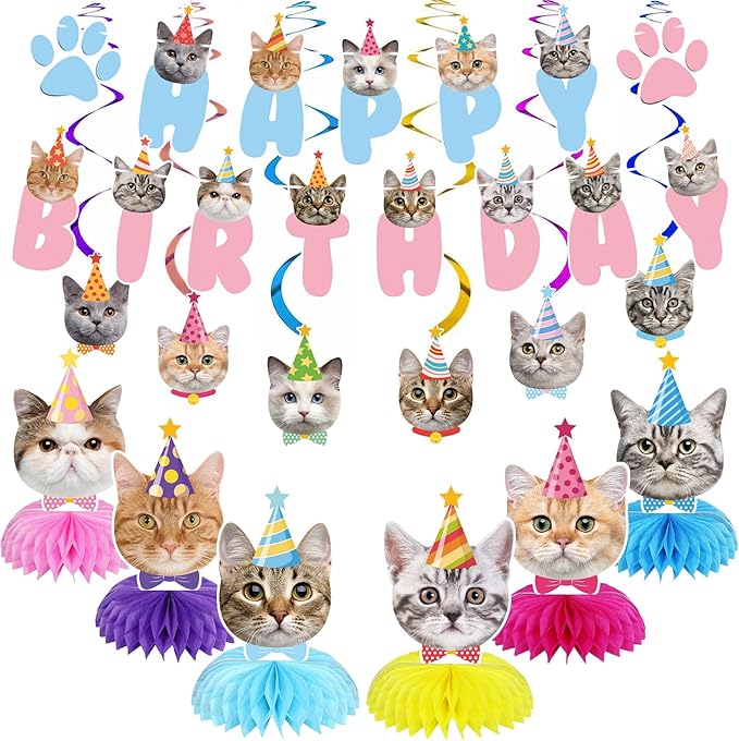 Cat Birthday Party Supplies Cat Birthday Party Decorations, Cat Themed Birthday Party Supplies Includes 1 Birthday Banner, 6 Cat Honeycomb Centerpieces, 6 Hanging Swirls with 6 Cat Cutouts