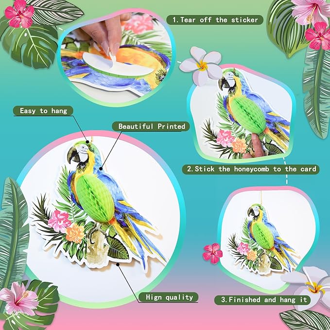 6 Pieces Tropical Birds Honeycomb Paper Cutouts Hanging Parrot Hawaiian Luau Tropical Party Decorations for Summer Beach Jungle Safari Rainforest Theme Birthday Party Home Classroom Decor Supplies