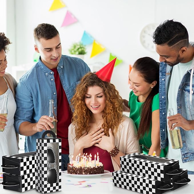 32 Pcs Race Car Party Favors Set 16 Black and White Checkered Favor Boxes and 16 Checkered Sunglasses Gift Boxes for Race Car Party Birthday Decorations