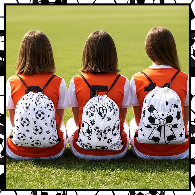 32 Pcs Coquette Bow Soccer Party Favors Set 16 Drawstring Goodie Bags 16 Silicone Wristband Snack Treat Candy Bags Motivational Bracelets Sports Birthday Party Supplies for Men Women