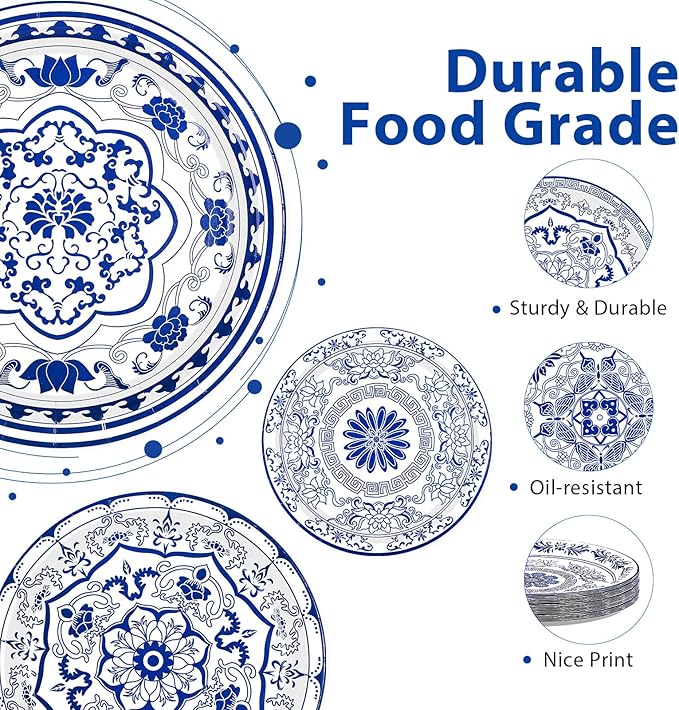 60Pcs Blue and White Flower Party Paper Plates 9 Inch Disposable Heavy Duty Blue White Chinoiserie Floral Dessert Plates Vintage Porcelain Decorations for Wedding Baby Shower Birthday Party Supplies