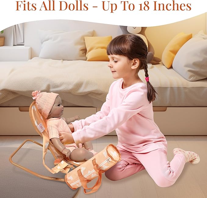 4-in-1 Baby Doll Stroller Set with Butterfly Design – Includes Toy Stroller, Crib, Bouncer & High Chair – Doll Accessories & Baby Doll Furniture Set for Toddlers 3-4 Years – Fits Dolls up to 18 Inches