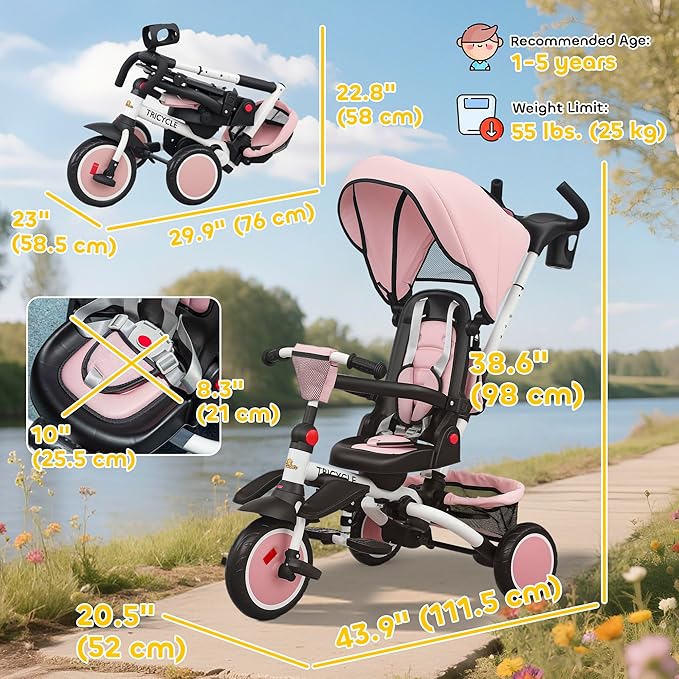 Qaba Kids Tricycle, 6 in 1 Foldable Baby Trike with Adjustable Push Handle, Tricycle Stroller with Removable Canopy, Reversible Seat, Safety Harness, Detachable Guardrail, Storage for 1-5 Years, Pink