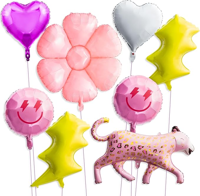 8PCS 18 Inch Smile Party Helium Balloons Pink Leopard Heart Smile Face Preepy Theme Birthday Party Decorations Yellow Lightning Balloons for Wedding Decor Event Supplies