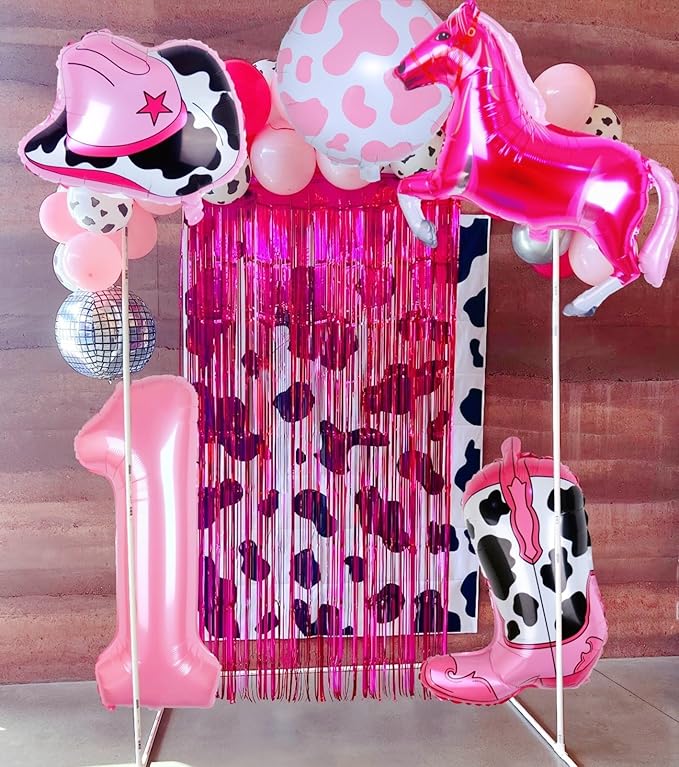 Cowgirl Balloons First Rodeo Birthday Party Decorations for Girls, Pink Horse Hat Boot Cow Balloons Disco Girl 1st Rodeo Birthday Party Decor Supplies Favors (32 Inch Pink 1)
