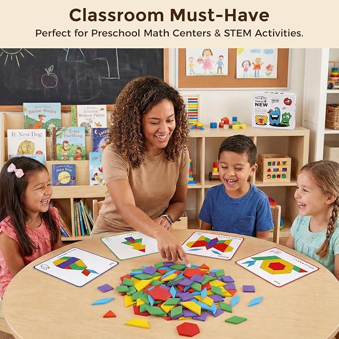 LovesTown Wooden Pattern Blocks Set for Kids, Geometric Shapes with Learning Cards, 150 PCS Educational Puzzle Toy