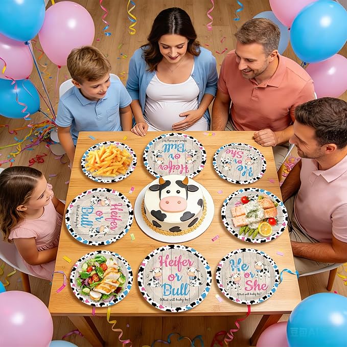 96Pcs Cow Gender Reveal Decorations Pink Blue He Or She Plates and Napkins Disposable Heifer or Bull Holy Cow Paper Tableware for Baby Boy or Girl Cowgirl Cowboy Gender Reveal Party Supplies Serves 24