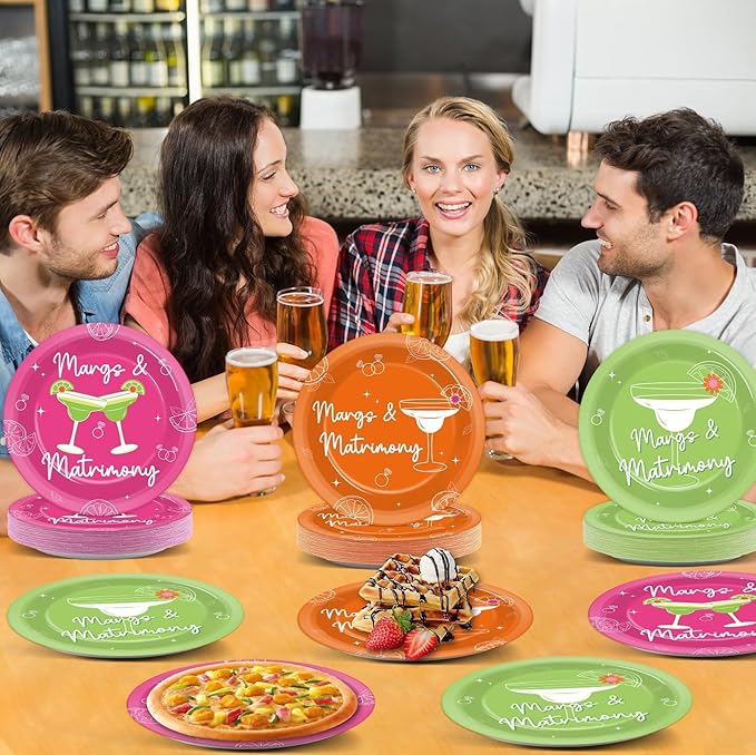 60Pcs Margs & Matrimony Bachelorette Party Supplies 7” Margarita Spring Plates Tableware Party Decorations for Birthday Bridal Shower Wedding Mexican Fiesta Dinnerware Party Favors for 60 Guest