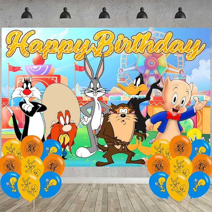 Tunes of Looney Birthday Party Decoration,Party Photo Background 5 x 3 FT and 18 Pcs Balloon,Baby Bugs Bunny Merch Party Backdrop Supplies