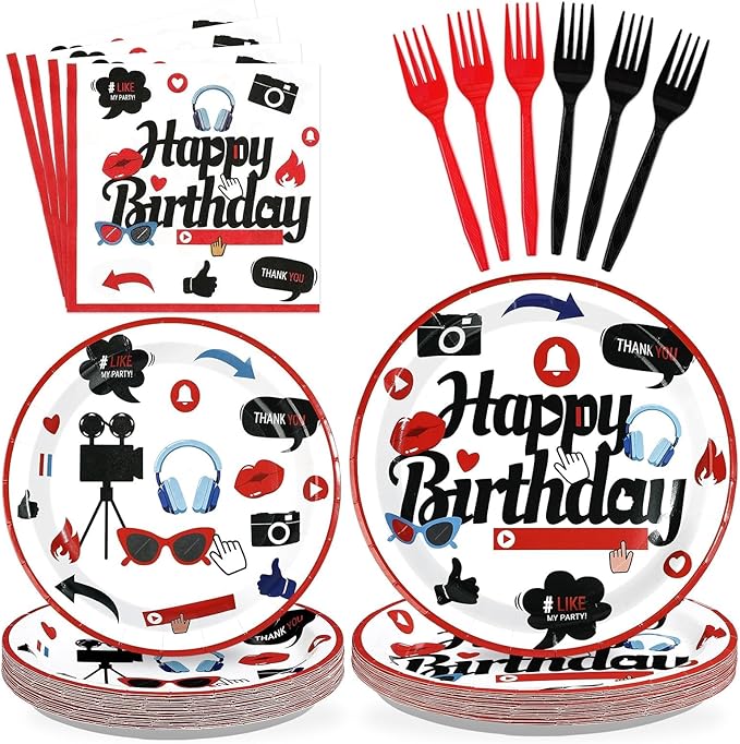 96Pcs Social Media Youtube Birthday Party Decorations Social Media Inspired Plates and Napkins Camera Themed Tableware Set for Adults Youtube Birthday Subscribe Play Video Party Supplies Serves 24