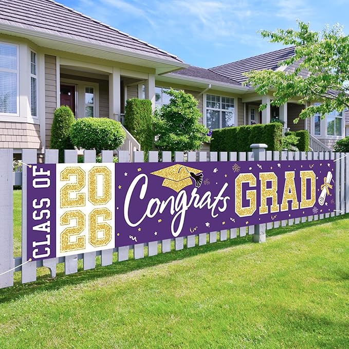 Graduation Banner Class of 2026 - Large Congrats Grad Yard Sign 2026 Purple Gold Congrats Grad Banner Fence Yard Sign for Graduation Decorations Party Supplies