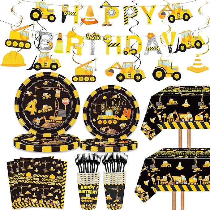 132 Pcs Construction 4th Birthday Party Supplies Dump Truck Theme Four Tableware Includes Hanging Swirl, Banner, Plates, Cups, Tablecloth for Boys Construction Four Years Old Bday Party Decorations