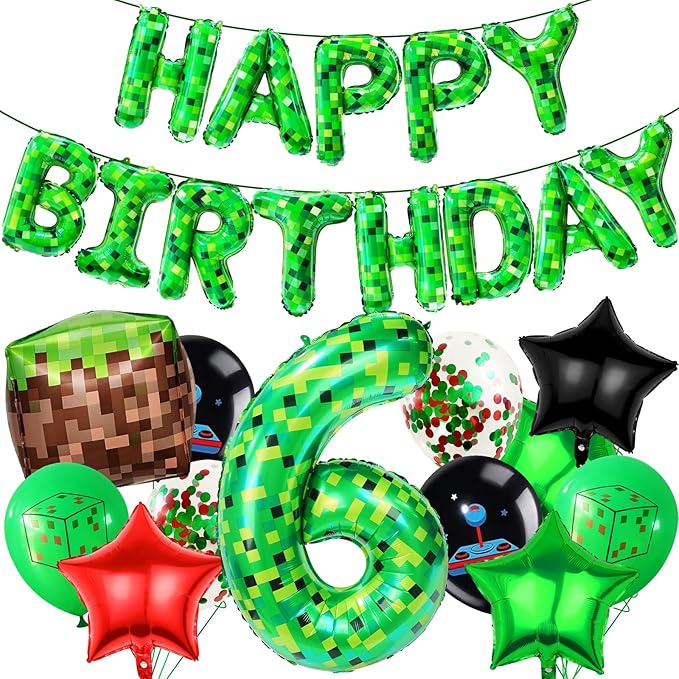 40in Pixel Number 6 Balloon Birthday Decorations, Miner Theme Foil Balloons banner Blast Gaming Party Supplies