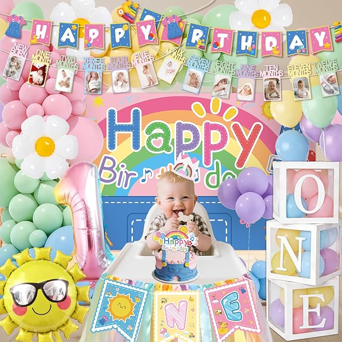 135 pcs Rachell English Teacher Party Supplies, 1st Birthday Decorations Girl & Boy, Photo Banner Balloons Poster Crown High Chair Banner Cake Topper Cartoon Theme Backdrop for Kids Birthday Decor