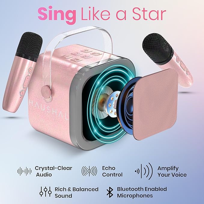 Mini Karaoke Machine for Kids Adults Teen with 2 Wireless Microphones, Gifts for Girl, Toys for Girls 6-8, Small Portable Bluetooth Speaker, Microphone, Car Singing Mic, Kareoke, Toddler Gift