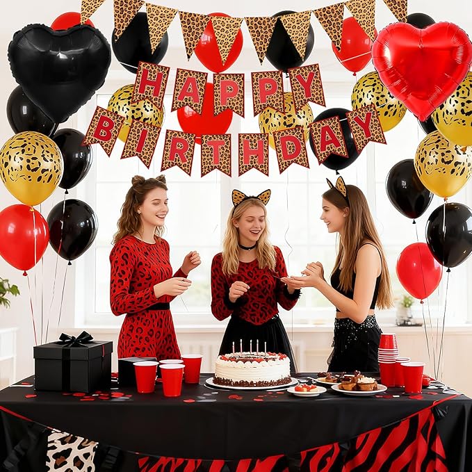 Red Black Leopard Birthday Decorations, Gold Cheetah Print Animal Balloons Black Red and Heart Balloons, Cheetah Happy Birthday Banner for Safari Wild Birthday Baby Shower Jungle Theme Party Supplies