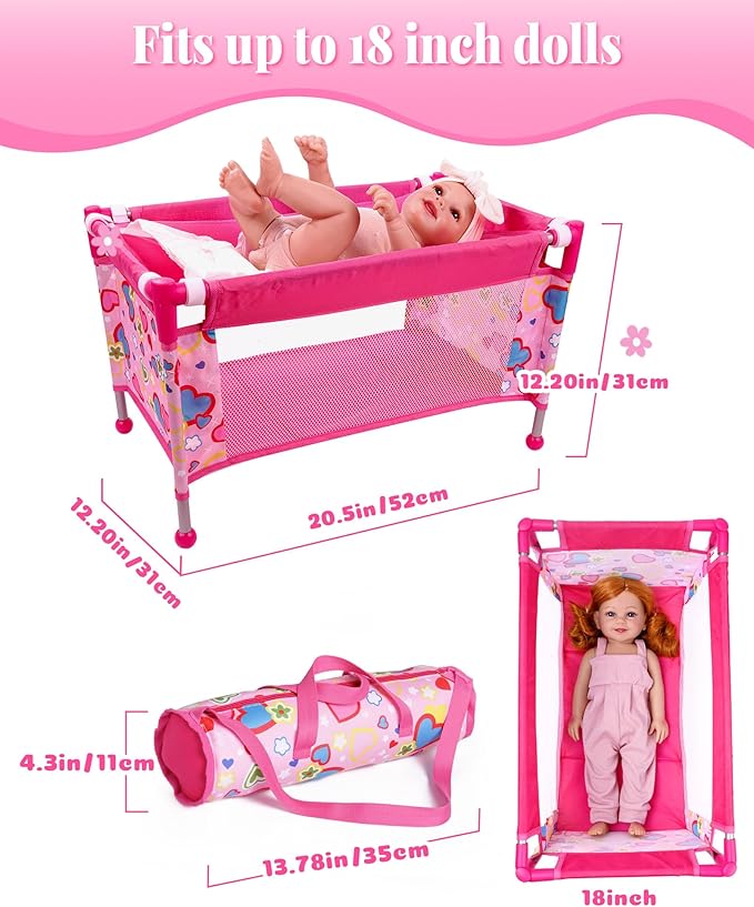BABESIDE 7PCS Baby Doll Crib for 18'' Dolls, Baby Doll Bed with Storage Bag and Feeding Care Accessories Set , Doll Crib Doll Furniture for Girls Age 3+,Pretend Play Toy Gift for Kids Age 3+
