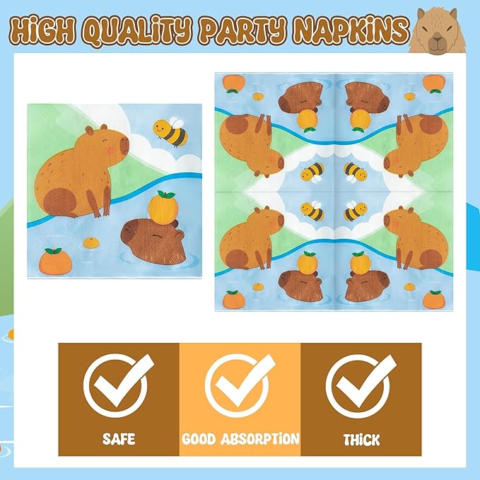 96Pcs Capybara Cute Cartoon Animal Orange Party Plates Supplies Tableware Decorations Disposable Paper Plates Napkins Forks for Kids Birthday Baby Shower, Serves 24