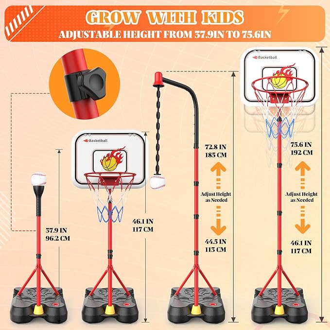 4 in 1 Kids Basketball Hoop and T Ball Set for Toddlers 3-5, Adjustable Height Toddler Basketball Hoop with Baseball, Indoor Outdoor Sport Gifts Christmas Toys for Boys Girls 3-8