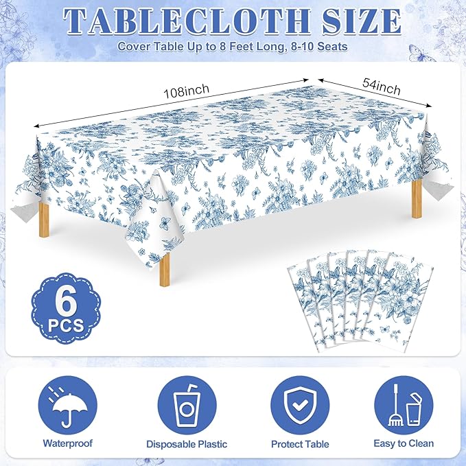 6 Pack Blue Floral Tablecloth, 54 X 108Inch Plastic Tea Party Tablecloths Disposable Vintsage Table Cloths Blue and White Porcelain Tables Decor for Mother's Day Birthday Garden Wedding Tea Party