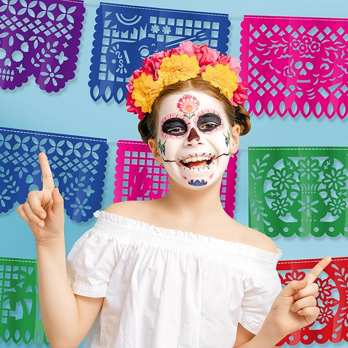 3 PCS Cinco De Mayo Decorations, Plastic Mexican Party Banner 55.2 FT Papel Picado Dia De Los Muertos, Colorful Fiesta Banner for Day of the Dead Decorations Ofrenda Decorations for Fiesta Decor