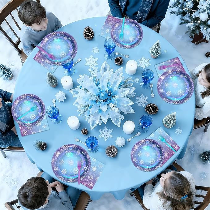 96 Pcs Winter Snowflake Paper Plates and Napkins Blue Purple Snowflake Disposable Tableware Winter Wonderland Dinnerware for Christmas New Year Birthday Party Decor Supplies