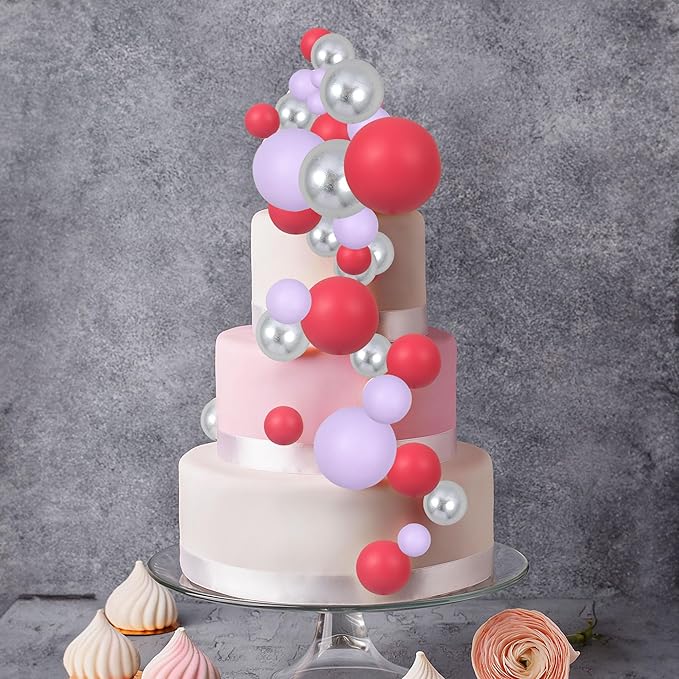 Gyufise 30Pcs Balls Cake Toppers Ball Cake Picks Ball Cupcake Toppers Foam Balls Cake Topper Insert Mini Balloons Cake Decorations for Baby Shower Birthday Party Supplies Silver Rose Red Light Purple