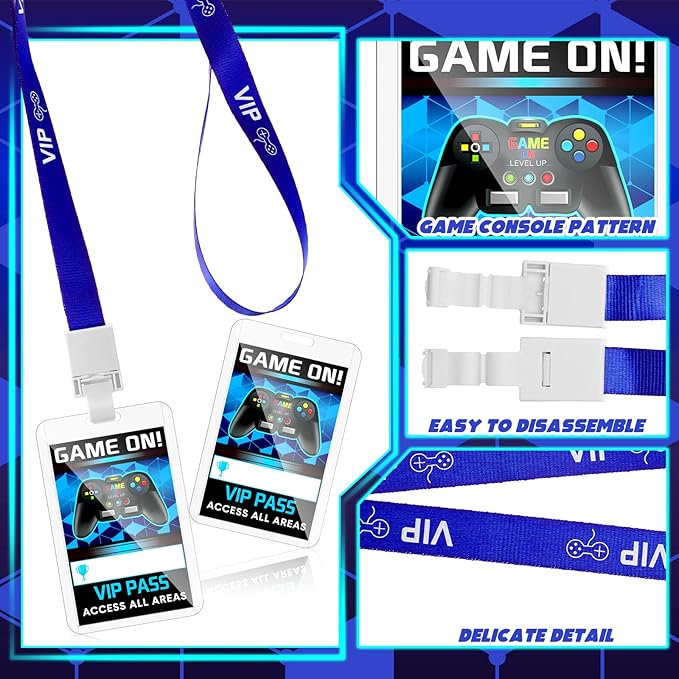 Leinuosen 16 Pieces Blue Video Game VIP Pass Holder Tickets Set Video Game Ticket Holder Gamer Party VIP Pass Lanyards for Birthday Party Supplies Favors