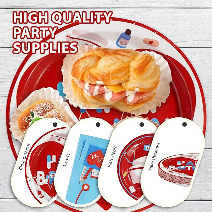 96Pcs Nurse Happy Birthday Party Decoration Red and Blue Plates and Napkins Medical RN Themed Tableware Set for Medical RN Nurse Birthday Graduation Baby Shower Party Supplies, Serves 24