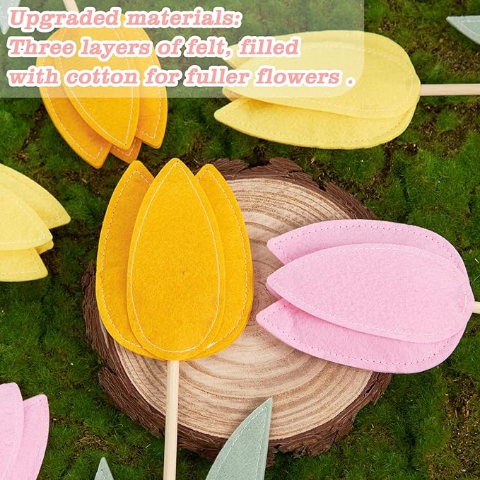 SUNBEAUTY 6Pcs Spring Tulips Flower Table Decoration Easter Tulip Felt Centerpiece Pink Yellow Orange Tulips Floral Tabletop Signs for Easter Garden Birthday Home Party Mothers Day Decor
