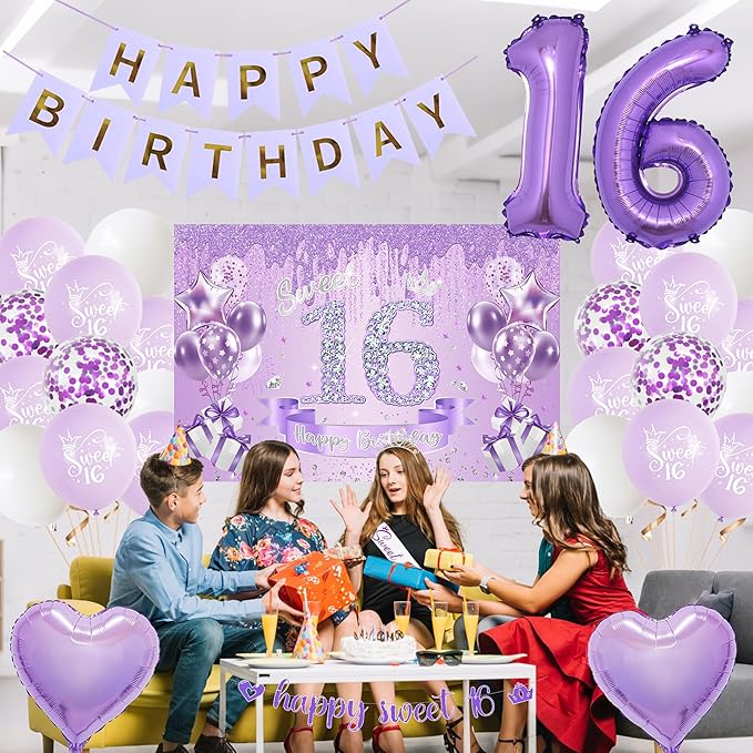 Sweet 16 Birthday Party Decorations for Girls - Purple 16th Happy Birthday Banner Heart Balloons Number 16, Photo Backdrop Crown Sash Party Supplies for Sixteen Years Old