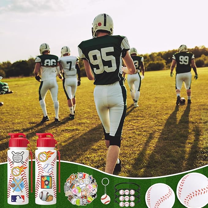 LemonRoad 164 Pcs Sports Party Favors Set 16 Plastic Cups 16 Charm Bracelets 16 Keychains 16 Mini Foam Stress Balls 100 Stickers for Sports Party Supplies (Baseball)