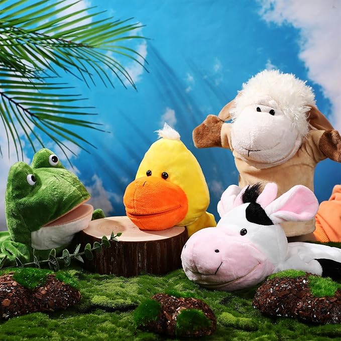 4 Pcs Hand Puppet Animal with Working Mouth 9.8 Inch Animal Puppet Soft Plush Toy for Storytelling Theater Preschool Birthday Gifts(Cow, Frog, Duck, Sheep)