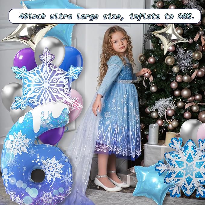 40 Inch Frozen Balloons number 6 Birthday Balloon,2 Giant snowflake foil balloons, 2 blue and silver star foil balloons Frozen Theme Party Supplies Winter Party Decoration For Girl's Birthday
