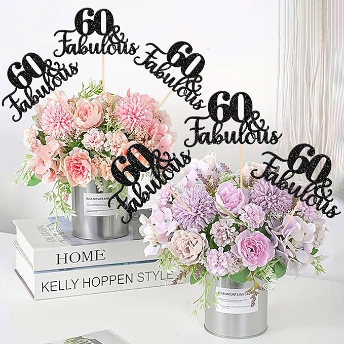 12 PCS 60 and Fabulous Centerpiece Sticks Double Sided Happy 60th Birthday Table Flower Centerpieces Sticks Cheers to 60 Floral Decorations for 60th Birthday Anniversary Party Supplies Black