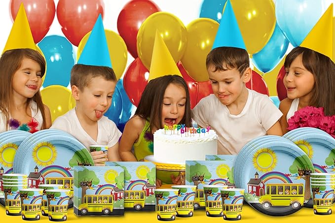 School Bus Birthday Party Supplies Set Plates Napkins Cups Tableware Kit for 16