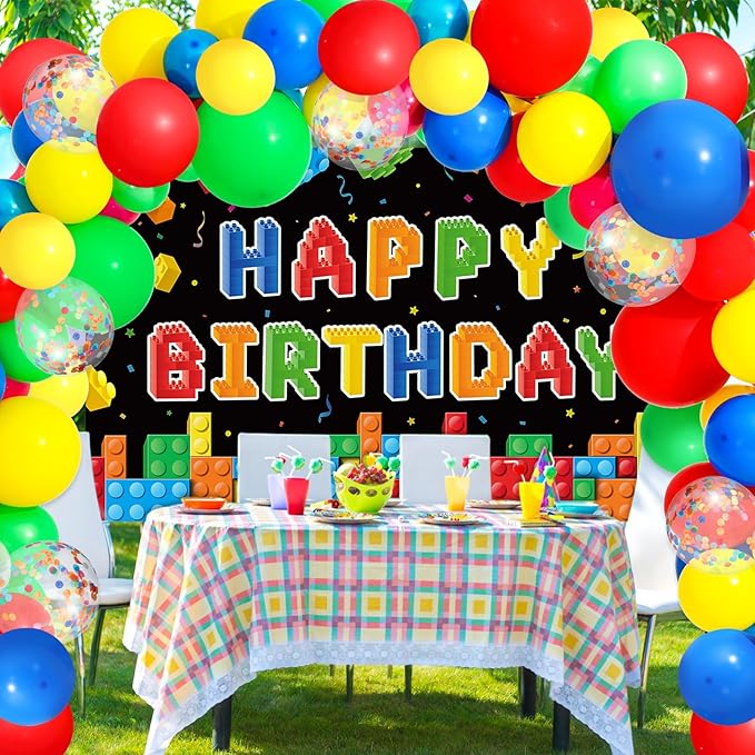 Blosssound Building Block Birthday Party Decorations Color Block Backdrop Banner Decor 114 Pcs Brick Theme Balloons Arch Kit for Men Women Building Party Favors Supplies