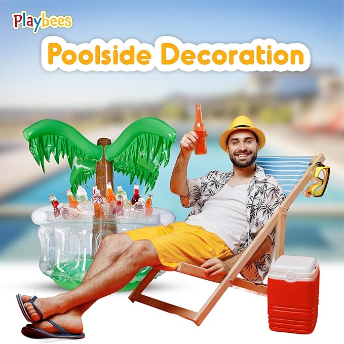 Playbees Inflatable Palm Tree Cooler 28" - Blow Up Palm Tree Party Cooler, Luau Hawaiian Tropical Beach Theme, Summer Swimming Pool Party Decorations - Outdoor Party Supplies - Kids Adults Birthday