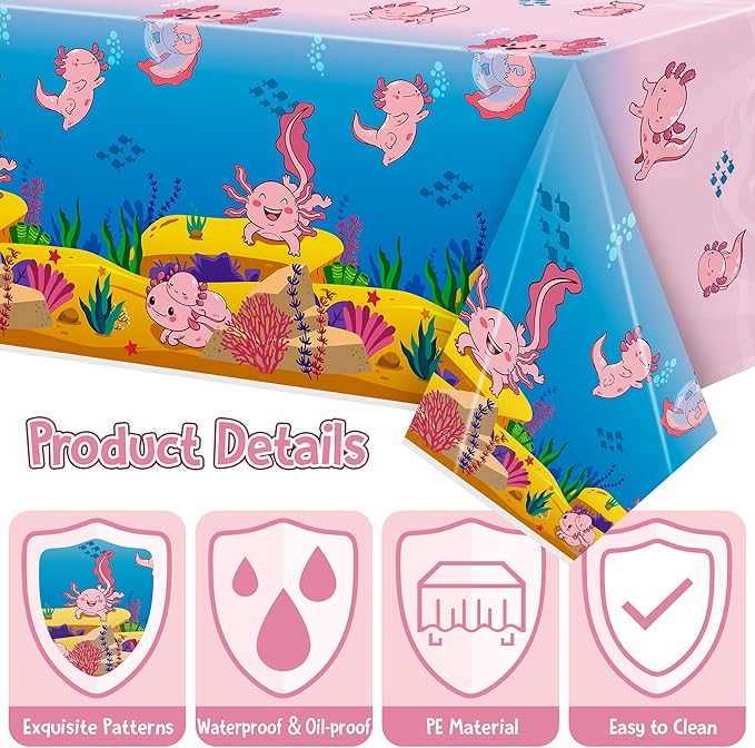 Axolotl Plastic Table Cover - 3Packs(54x108 Inch) Pink Axolotl Disposable Rectangle Plastic Tablecloth Birthday Theme Party Decoration Decor Supplies Table Cloth Giant Coloring Baby Shower