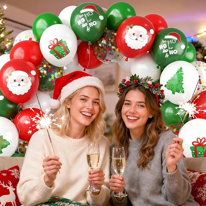 Merry Christmas Party Balloons,12 Inch Xmas Style Red Green White Print Balloons for Christmas Theme Party Supplies