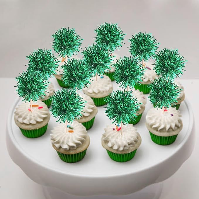 40 PCS Foil Firework Cupcake Toppers Green Sparkler Cupcake Picks Sparkle Tinsel Fireworks Decorations Cocktail Fruit Toothpick for Firework Theme Birthday Wedding Graduation Party Decoration Supplies