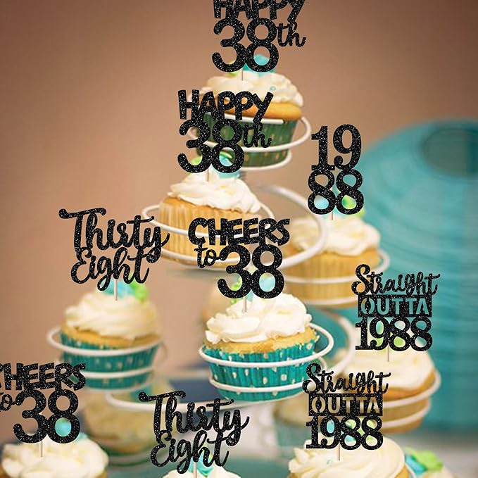 30PCS Black 38th Birthday Cupcake Toppers Glitter Thirty Eight Happy 38th Straight Outta 1988 Cupcake Picks for Cheers to 38 Years Birthday Wedding Anniversary Party Cake Decorations Supplies