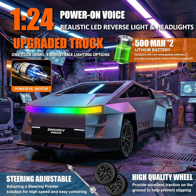 Remote Control Car/RC Truck – 2.4 GHz All-Terrain Cyber Vehicles with One-Touch Demo and Three Adjustable LED Light Effects, Off-Road Pick-Up Hobby Monster Truck Toys Gifts for Boys Aged 3+ (Silver)