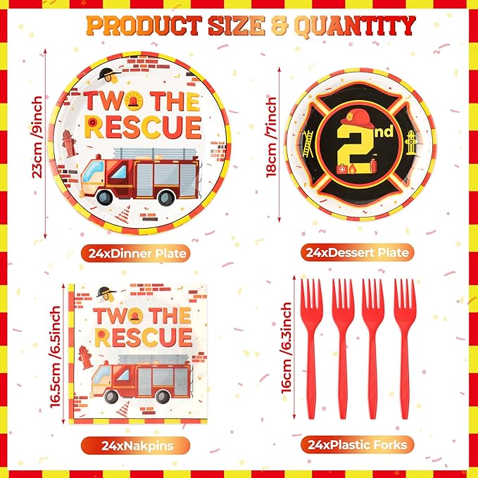 Haooryx Two the Rescue Party Tableware - 96Pcs Firefighter 2nd Birthday Decoration Red Yellow Fire Truck Themed Disposable Plates Napkins Forks for Kids 2 Years Old Birthday Party Table Decor Supply