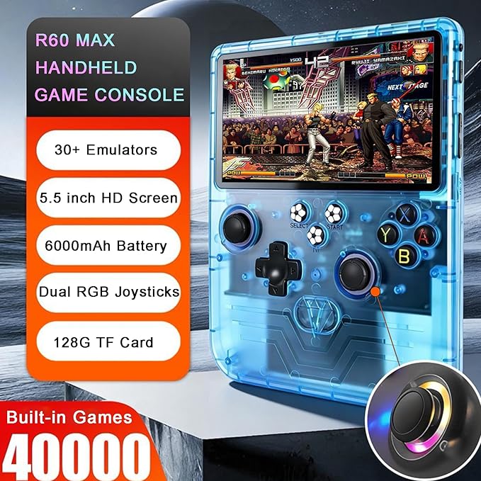 RegiisJoy R60 MAX 40000 in 1 Handheld Game Console, 5.5 Inch IPS Screen Retro Gaming Consoles Main Emulators, Portable Mini Pocket Arcade 6000mAh Battery,128G TF Card,RGB Joysticks