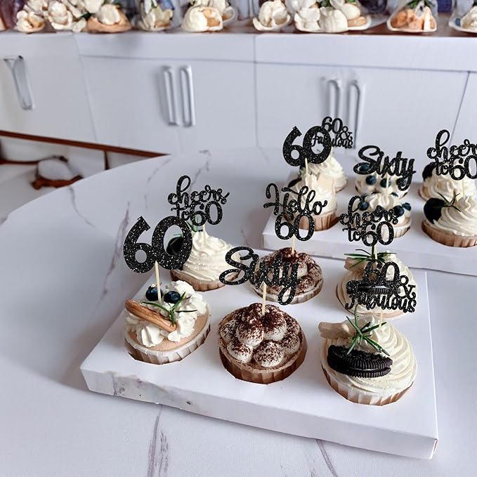 30pcs Happy 60th Birthday Cupcake Toppers - Black Glitter Sixty Cake Toppers - Cheers to 60 Years Old Cupcake Picks for Anniversary Party Cake Decorations