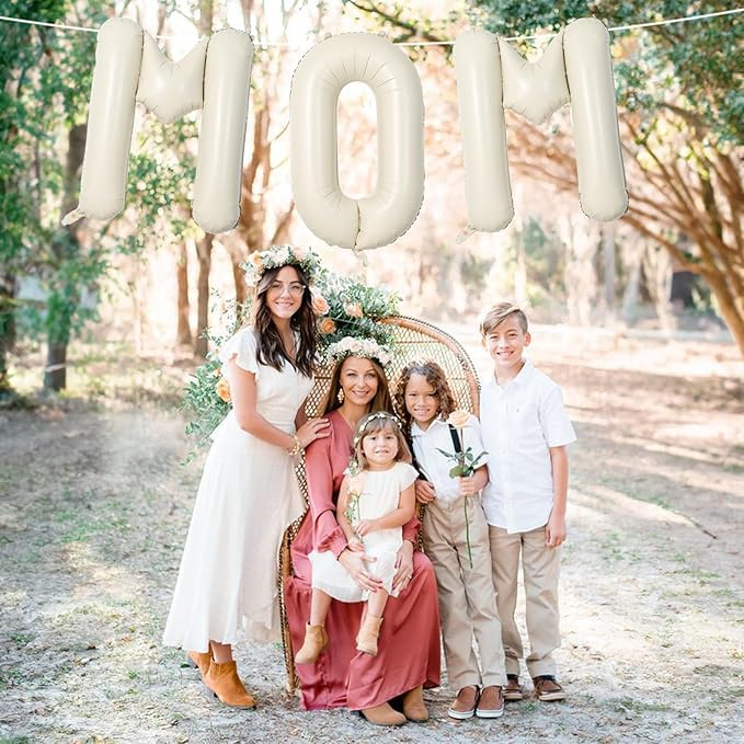 40 Inch Beige Mom Balloons for Mothers Day Decorations, Large Cream Mother's Day Mylar Foil Balloon Letter, Ivory White Sand Mom Alphabet Sign for Mama Birthday Baby Shower Party Decor Supplies