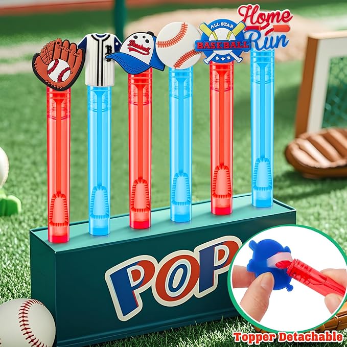 Winrayk Baseball Party Favors, 24Pcs Baseball Themed Mini Bubble Wands for Kids Bubbles Bulk with Detachable Topper (6 Styles), Birthday Gift Classroom Prizes Girl Boys Sports Goody Bag Stuffer Supply