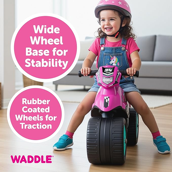 Waddle Kids Motorcycle Balance Bike - Toddler Ride on Toys w/Sounds, Wide Wheel Base, Rubber Coated Wheels, Foot to Floor Toddler Car Up to 44 Lbs, Motorbike for Kids Ages 18 Months to 3 Yrs, Pink